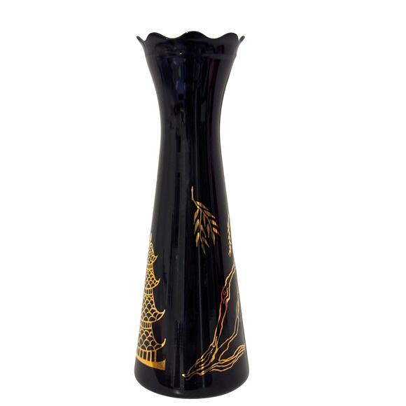 Vintage Black Glass Vase Gold Pagoda & Willow Tree Design - Picture 8 of 11